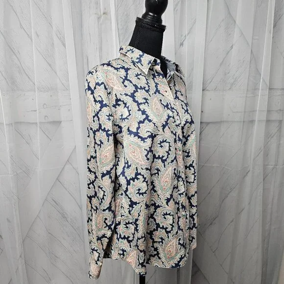 Chaps Navy Blue Pink Paisley Button-Down Long Sleeve Boho Blouse Size PXL - Picture 3 of 12